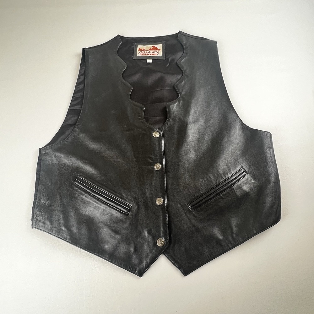 Saguaro West Vest Mens Large Black Genuine Leather Motorcycle Biker Snap Front